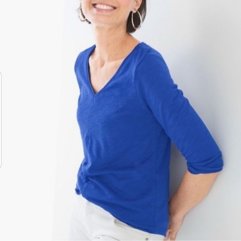 Chico's Ultimate Tee V-neck 3/4 Sleeve Pima Cotton Blue Tunic Sz Lrg